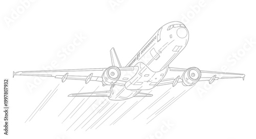 Detailed Line Art Drawing of a Commercial Passenger Airplane Taking Off.