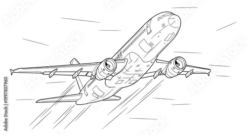 Detailed Line Art of a Commercial Passenger Airplane in Flight.