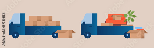 Minimal moving truck set with cardboard boxes and furniture