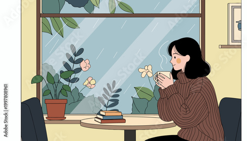 woman drinking coffee by window on rainy day