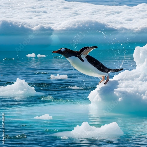 Gentoo Penguin Leaping from Water onto Ice Floe