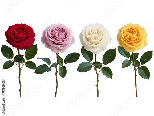 Four pixel art roses with green leaves in different bright colors isolated on transparent background, illustration