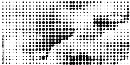 Grunge halftone gradient background. Faded grit noise texture. White and black sand wallpaper. Retro pixelated backdrop. Anime or manga style comic overlay. Vector graphic design textured template