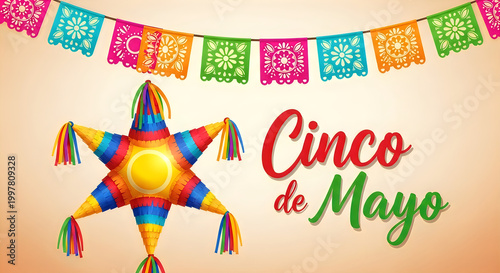 A vibrant Cinco de Mayo celebration with a colorful piñata and papel picado banner.