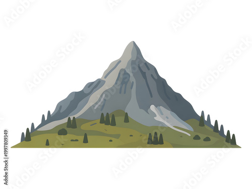 Large white wind turbine on green mountain with small village and trees isolated on transparent background, illustration