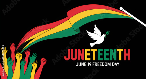 A vibrant illustration celebrating Juneteenth with a dove and raised hands.