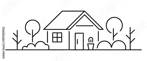 House and garden line art, building real estate architecture apartment, facade home in country exterior, vector illustration