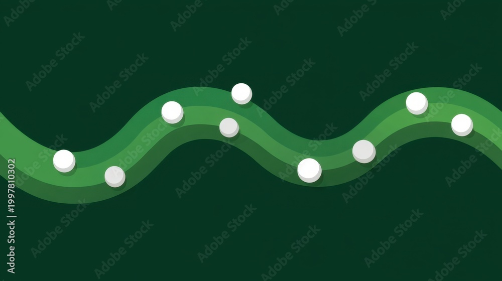 Fototapeta premium Abstract illustration of a wavy green line with white circles set against a dark green background, representing movement, flow, and rhythm in design