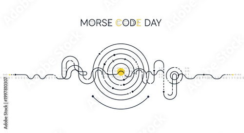 On Morse Code Day, a vector illustration depicts a dot dash signal forming the word 'August' against a white background, using a telegraph communication concept to showcase signal
