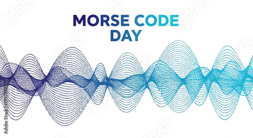A vector illustration for Morse Code Day displays a vibrant dot dash signal with blue sound signal visualization, showcasing a waveform on a clean white background, ideal for telegraph