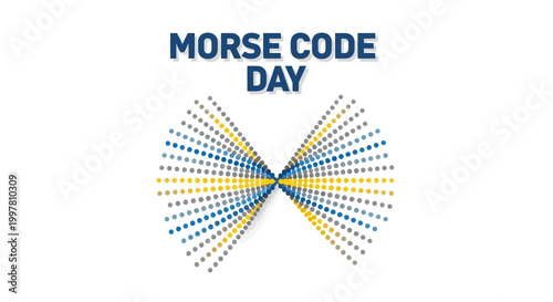 A vector illustration celebrates Morse Code Day with radiating lines of blue and yellow dots forming a symmetrical pattern reminiscent of vintage communication technology, set