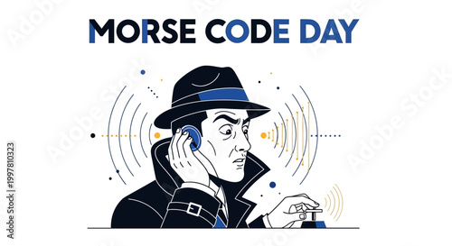 On Morse Code Day, a vector illustration depicts a vintage spy character sending a dot dash signal with a telegraph machine against a clean white background, stylized in black and gold