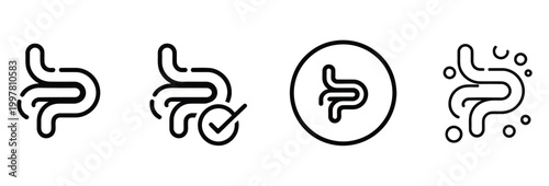 Human digestive system icons representing health and gut function, medical anatomy symbol set with stomach intestines and organs, clean vector design