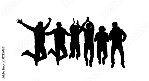 Silhouette of a happy group of friends jumping in the air against a white background