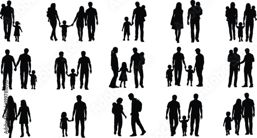 Family silhouettes diverse groups of people in black and white