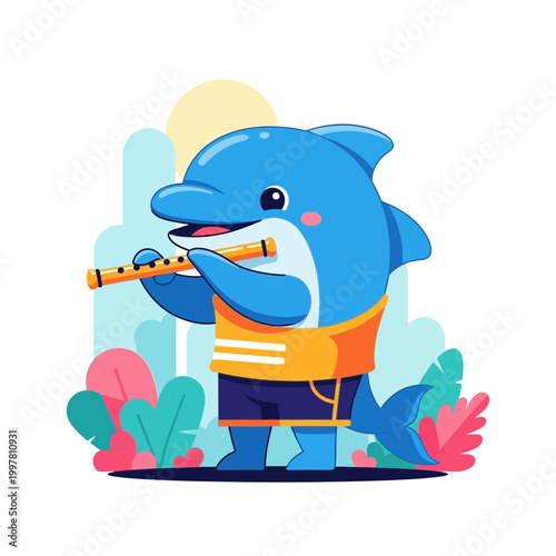 Cute Cartoon Dolphin Character Playing a Flute in a Tropical Setting Vector Illustration