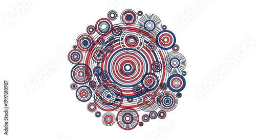 Abstract Geometric Pattern of Concentric Circles in Red, Blue, and Grey on White