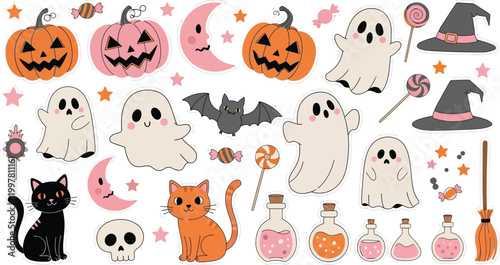 Halloween sticker set with pumpkins ghosts and witch elements