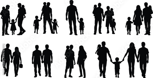 Family silhouettes diverse group of people in black against white background