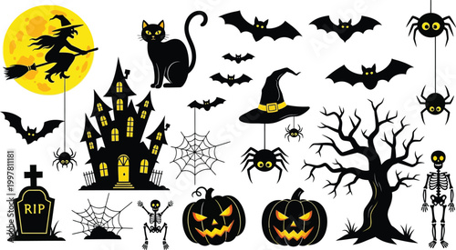 Halloween illustrations set with witch bats spiders and haunted house
