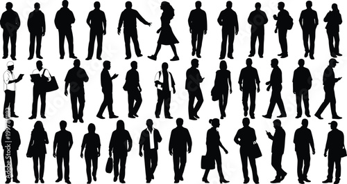 Crowd silhouette diverse group of people in black against white background