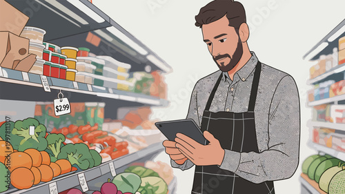 Grocery Store Worker Using Digital Tablet