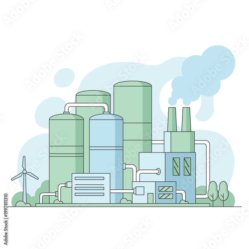 Eco industrial facility with tanks pipes and factory buildings showing energy production process emissions control and sustainable industry technology
