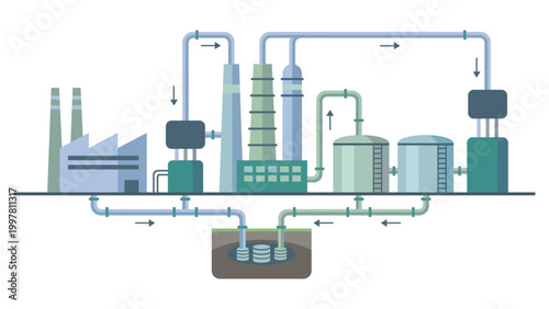 Industrial factory pipeline network with tanks valves and flow direction showing process system underground storage and fluid transfer engineering