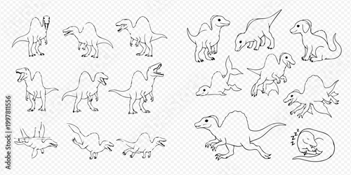 Collection of various dinosaur line art illustrations, perfect for children's books and educational materials.