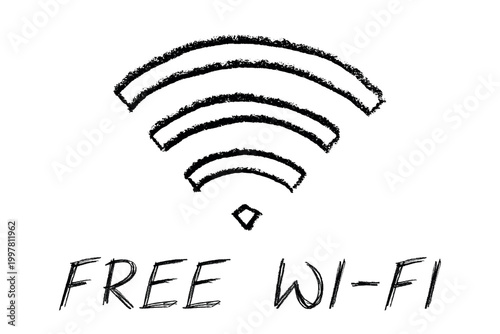 Hand drawn free wifi spot zone sign Public wi-fi area sign Wireless internet clipart in doodle style Single element for print, web, design, decor 3G, 4G, 5G, 6G, IoT