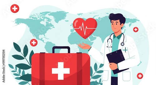 Illustration of a doctor holding a clipboard next to a first aid kit with a heart symbol and a world map in the background