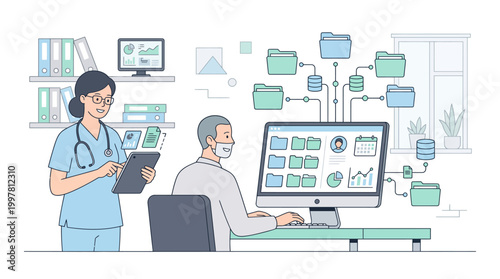 Medical professionals collaborate using digital charts and monitors in a clinical setting.