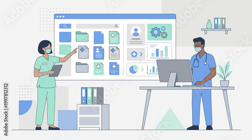 Collaborative office scene with professionals analyzing data on large screens and laptops.