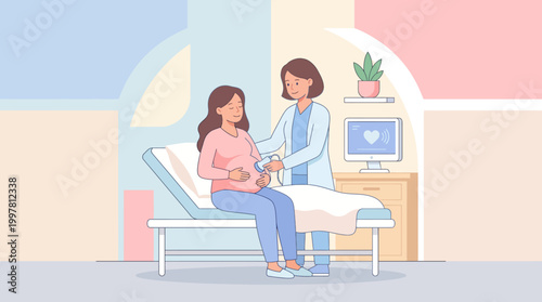 Calm doctor consults a patient in a bright clinical examination room during a routine visit.