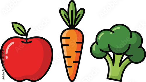 Cartoon vector illustration of a red apple a carrot and a broccoli head.