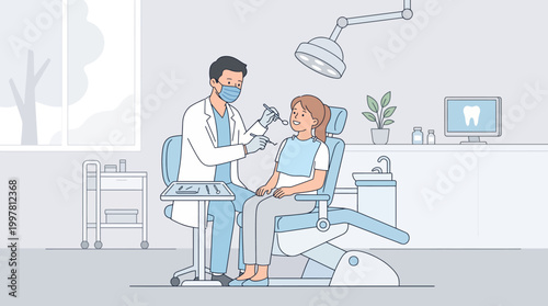 Dentist examining a patient in a modern clinic with dental chair and tools for oral health and dental care.