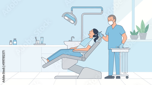 Dental clinic scene with patient in chair receiving care from dentist and assistant.