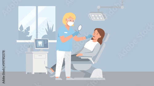 Dental Checkup Scene with Dentist and Patient in Clinic Setting, Demonstrating Oral Care and Treatment.