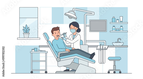 Dentist and dental assistant attend to patient in modern clinic during a dental checkup.