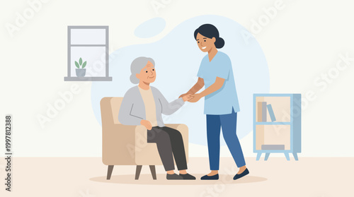 Compassionate Home Caregiver Assisting Elderly Patient in a Living Room.