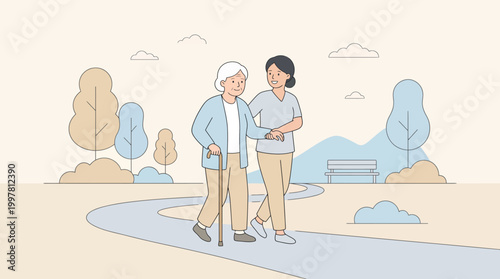 Three People Walking Together in a Tranquil Park by a Pond with Trees and Sky.