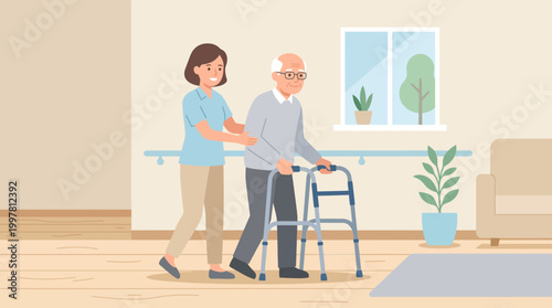 Compassionate caregiver assists elderly man with walker in a cozy living room setting.