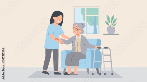 Compassionate caregiver assists elderly patient at home during a comforting indoor visit.
