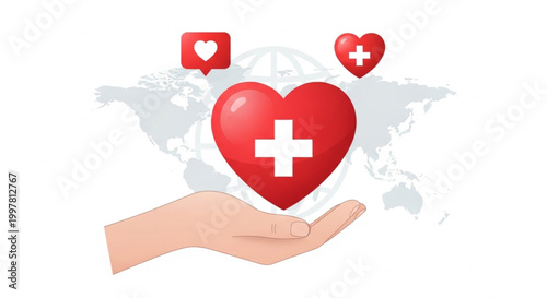 Spreading global health and wellness A compassionate hand offering a heart with a medical cross, symbolizing care, support, and worldwide well-being