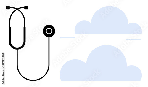 Digital healthcare, telemedicine, medical technology, cloud services, remote diagnostics, health innovation. Stethoscope with clouds in a minimal style. Digital healthcare and telemedicine