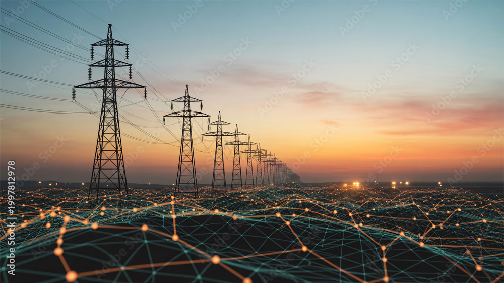 Obraz premium High voltage electricity pylons at sunset with a digital network surface, representing energy infrastructure and power grid connections