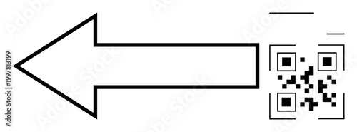 Navigation, digital technology, QR codes, scanning, connectivity, direction. A left-pointing arrow integrated with a QR code graphic. Navigation and digital technology concepts