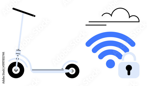 Smart mobility, IoT technology, data security, urban commuting, wireless connectivity, cloud systems. Image of an electric scooter next to a cloud and wireless lock icon. Smart mobility and IoT