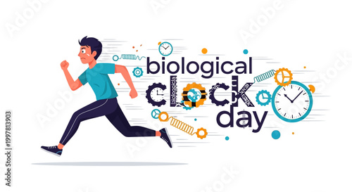 Dynamic vector illustration celebrating Biological Clock Day, showcasing a running man against a white background, symbolizing the human body rhythm with clock gears