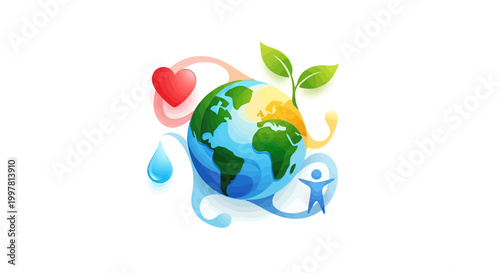 Earth Globe with Green Leaves Sprouting.